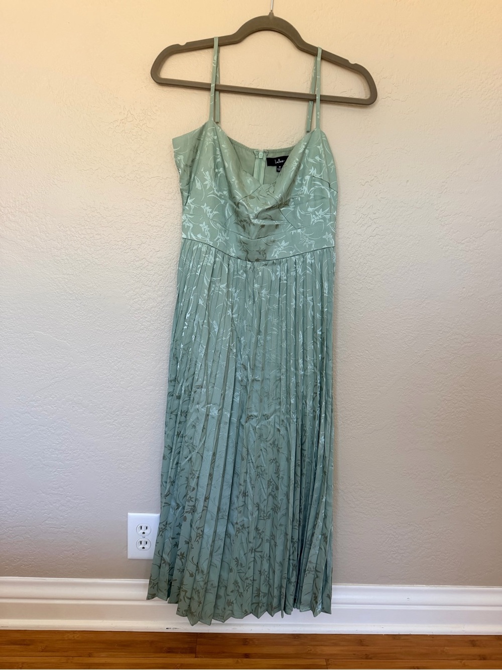 Lulu's Sage Green Spaghetti Strap Pleated Midi Dress - Picture 2 of 3